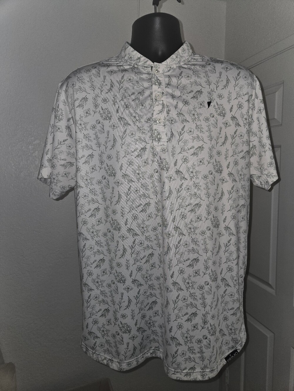 PRIMO Floral Performance Golf Polo – White/Green Botanical Print – Large